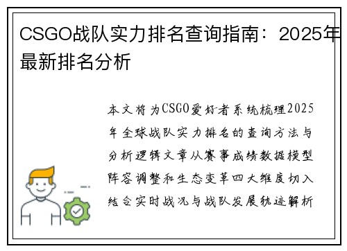 CSGO战队实力排名查询指南：2025年最新排名分析