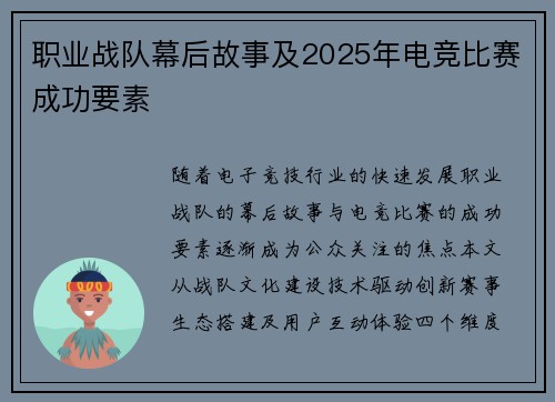 职业战队幕后故事及2025年电竞比赛成功要素