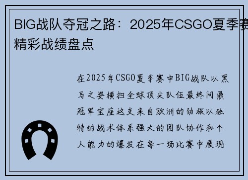 BIG战队夺冠之路：2025年CSGO夏季赛精彩战绩盘点