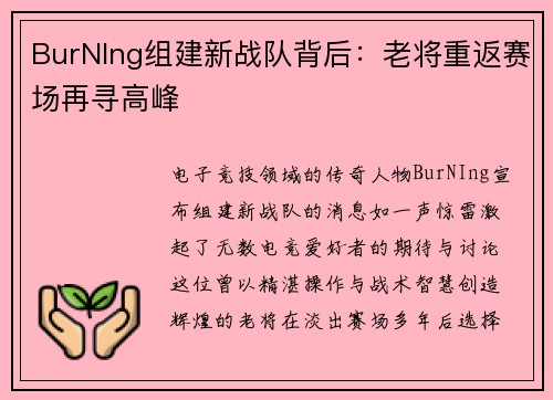 BurNIng组建新战队背后：老将重返赛场再寻高峰